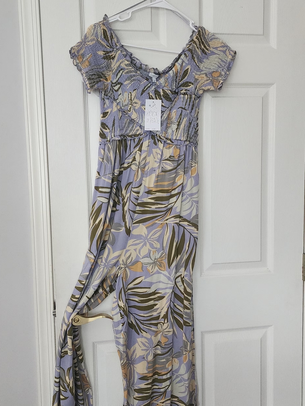 Patrons of Peace Lavender Floral Smocked Jumpsuit with Olive & Cream Leaves